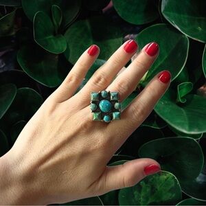 Natural Turquoise Adjustable Large Statement Ring 925 Sterling Silver Stamped